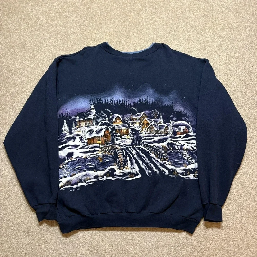 Vtg Winter Village AOP Sweatshirt Mens 2XL Blue Henley Christmas Snow Scene Cozy